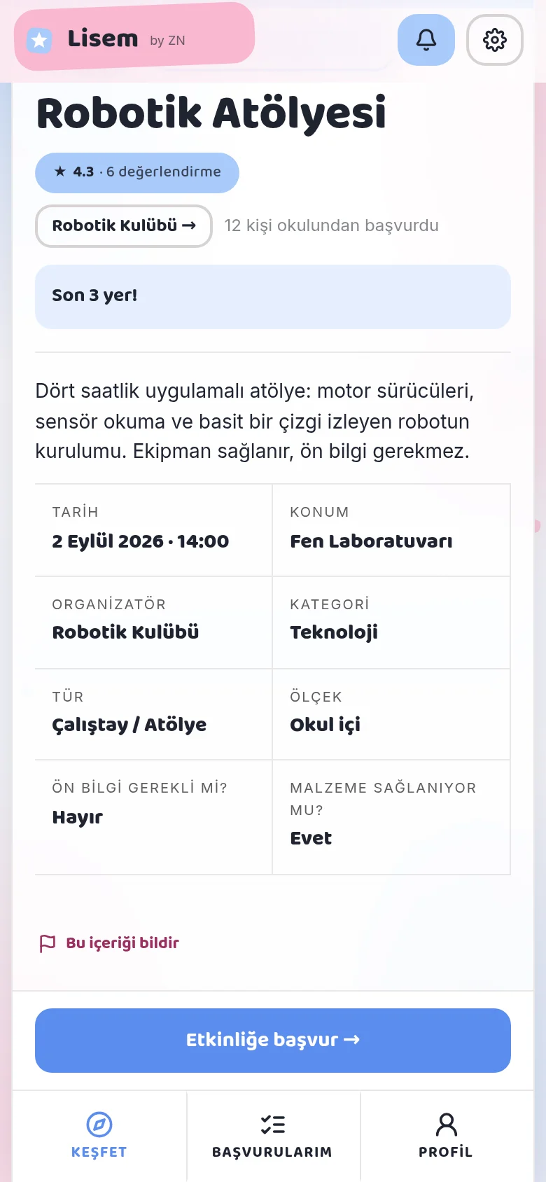 Lisem App etkinlik detayının alt kısmı: bilgi tablosu ve "Etkinliğe başvur" düğmesi
