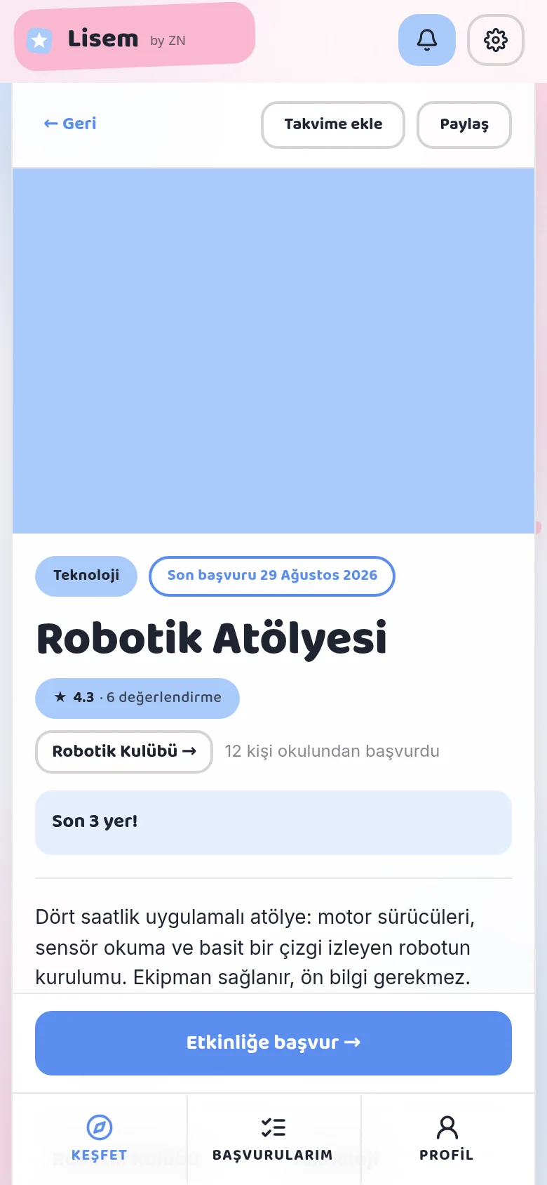Lisem App etkinlik detay ekranı: başlık, değerlendirme ve organizatör satırı