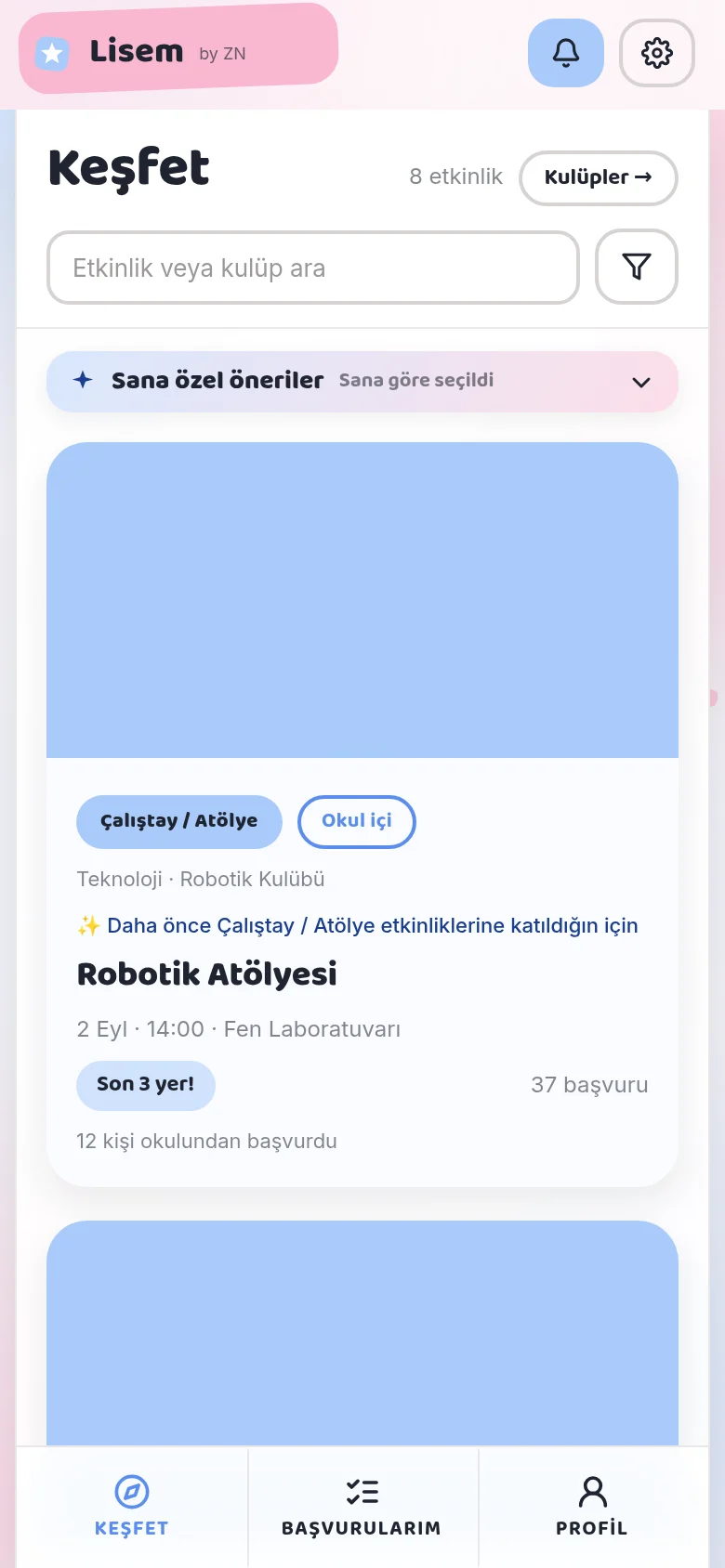 Lisem App Keşfet ekranı: arama kutusu, filtre ve etkinlik kartları