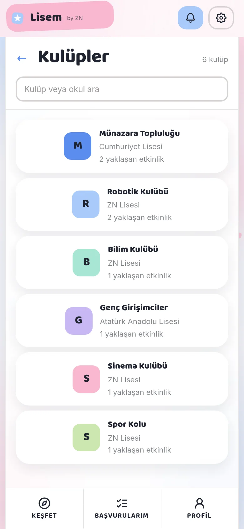 Lisem App Kulüpler ekranı: okul ve yaklaşan etkinlik sayısıyla kulüp listesi