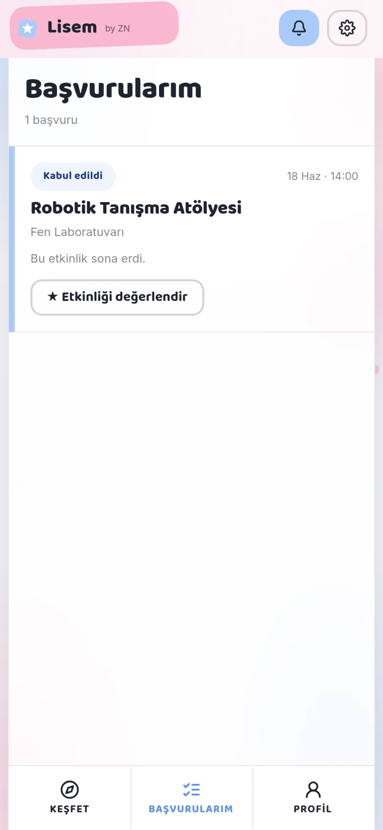 Lisem App Başvurularım ekranı: "Kabul edildi" durumundaki başvuru kartı